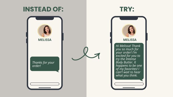 Scenario screen comparing a generic customer text with a personalized one